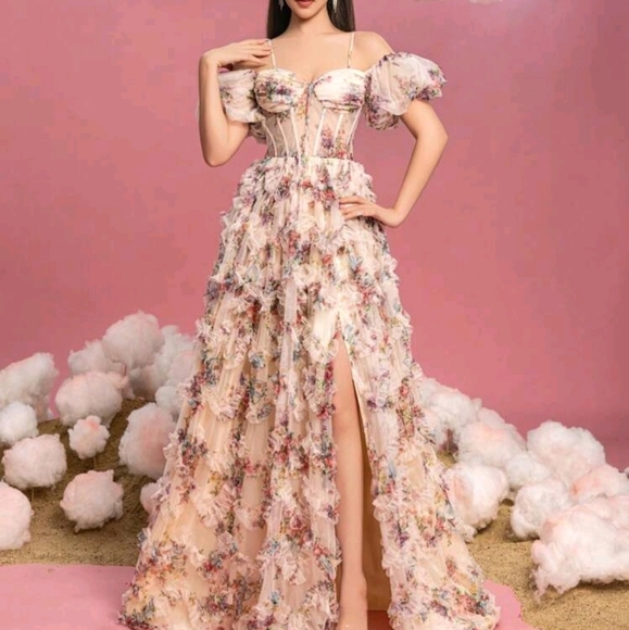 Dresses & Skirts - Teen Girls Off-Shoulder Puff Sleeve Floral Mesh Overlay Dress